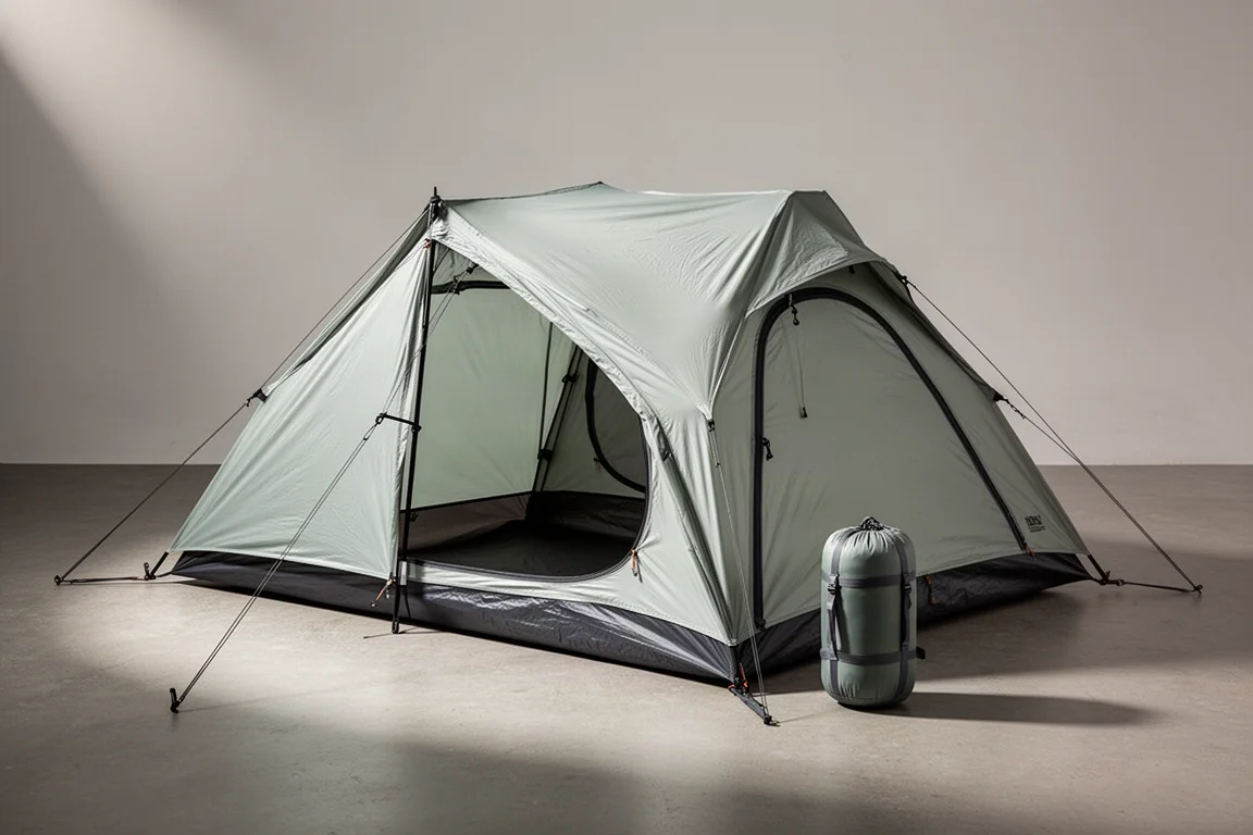 Ultralight two-person backpacking tent pitched on a concrete surface beside a stuff sack