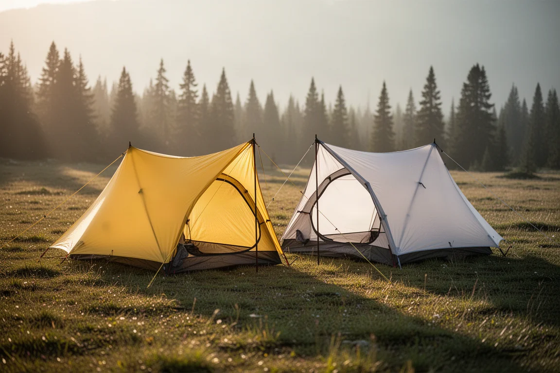 Two ultralight backpacking tents pitched side by side on a mountain meadow at golden hour