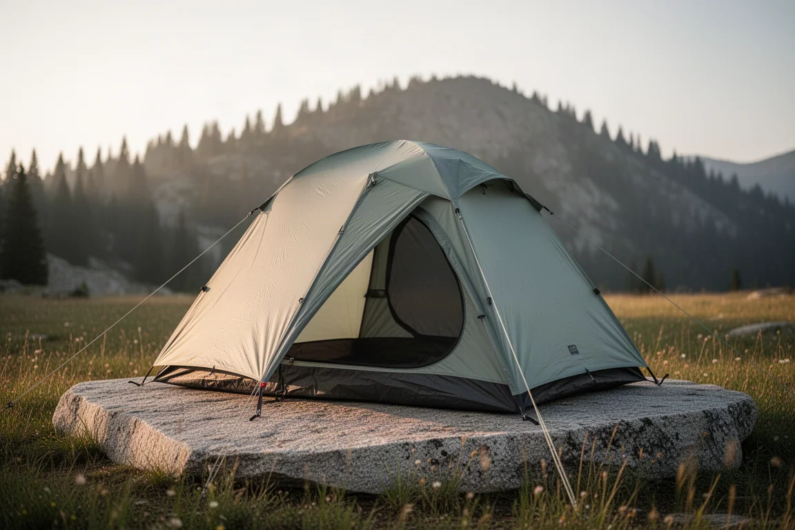 Lightweight two-person backpacking tent pitched on a granite slab in an alpine meadow