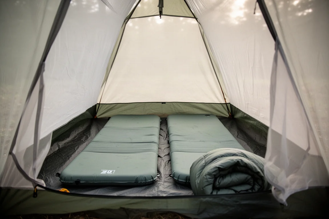 Ultralight tent pitched alone on a granite outcrop above a valley at dusk