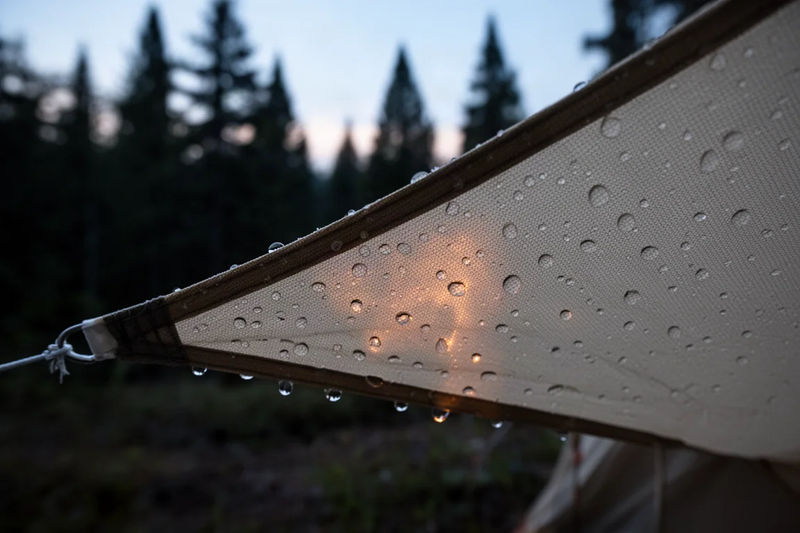 Rainwater beading on taut tent fly fabric in soft grey daylight