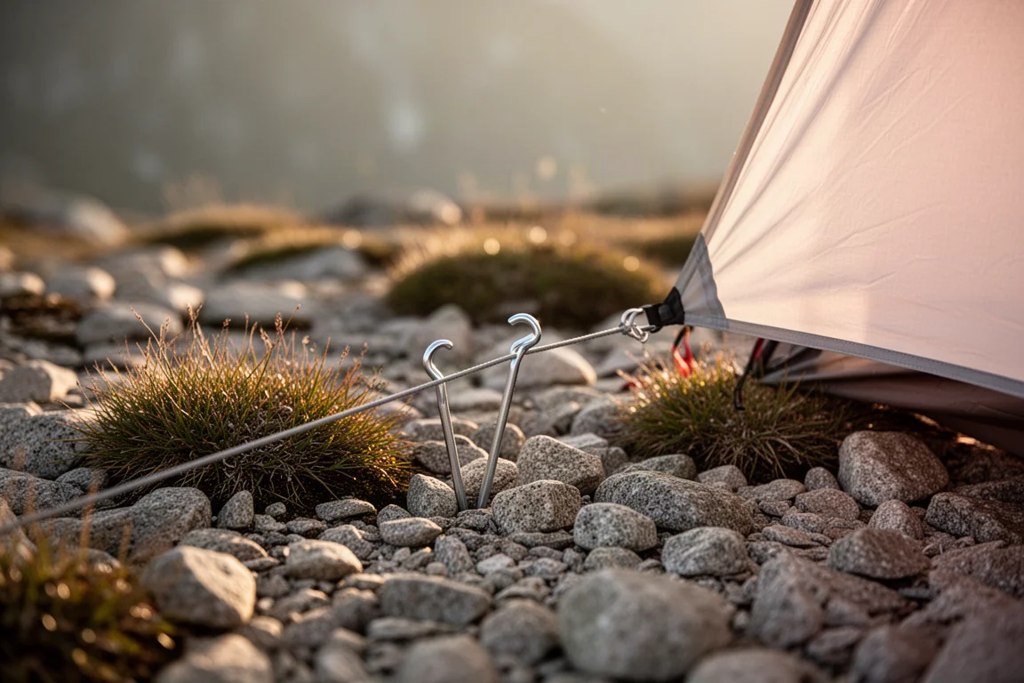 Tent corner stakeout point with a stake driven into rocky alpine ground