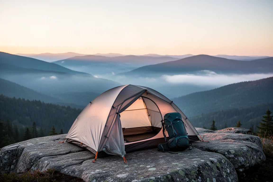 Lightweight tent pitched beside a misty mountain lake at dawn
