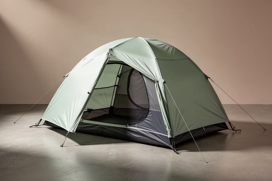 Ultralight double-wall backpacking tent pitched on a granite slab at dusk
