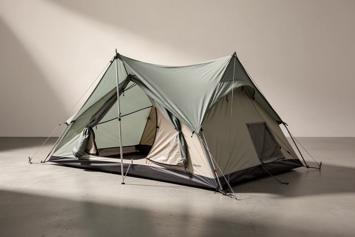 Tenda da backpacking ultraleggera per due persone montata su una superficie di cemento opaco