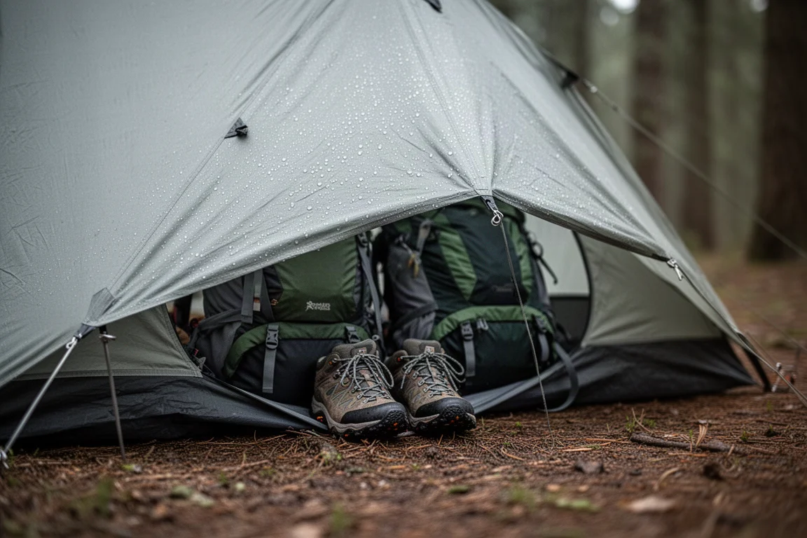 登山背包與登山鞋收在帳篷前庭下，外帳上佈滿雨水