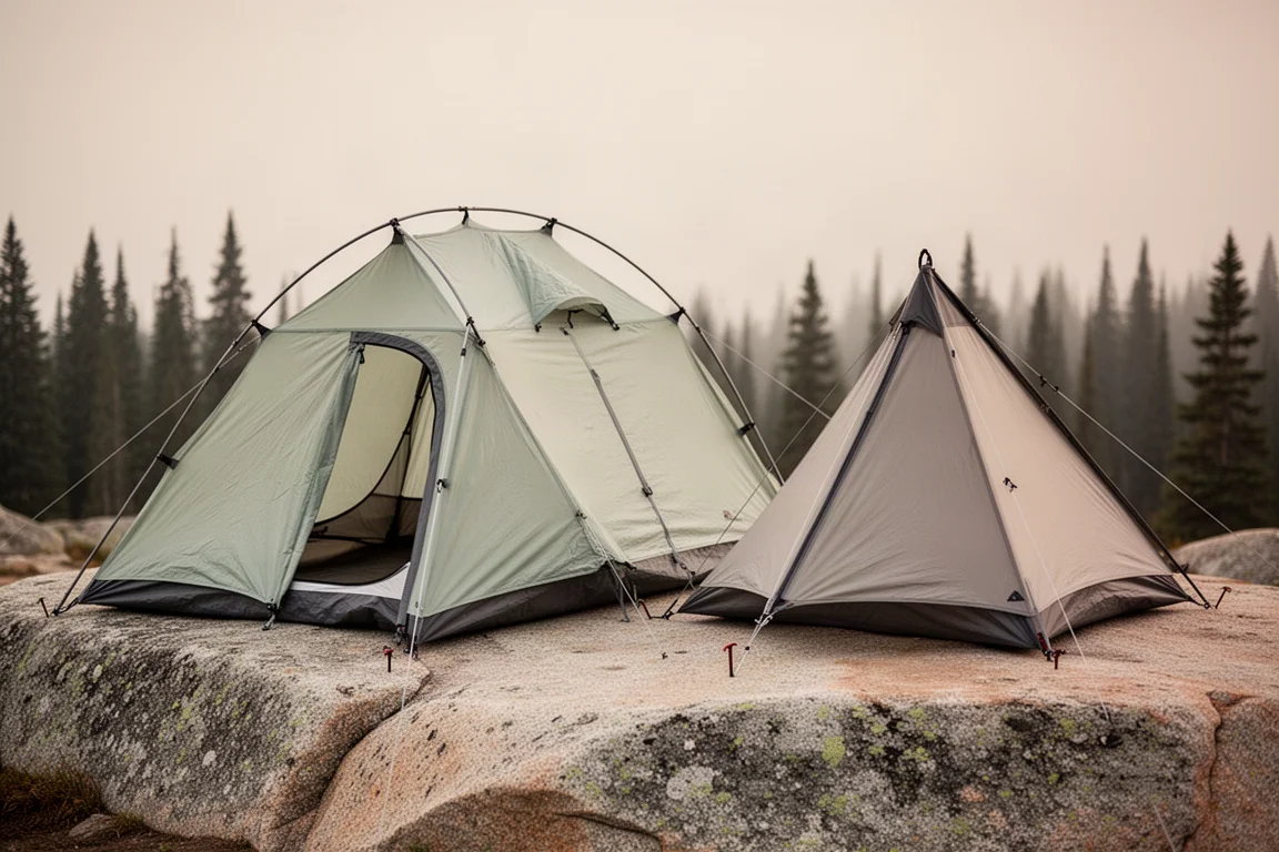 Two lightweight backpacking tents pitched side by side on granite at an alpine campsite