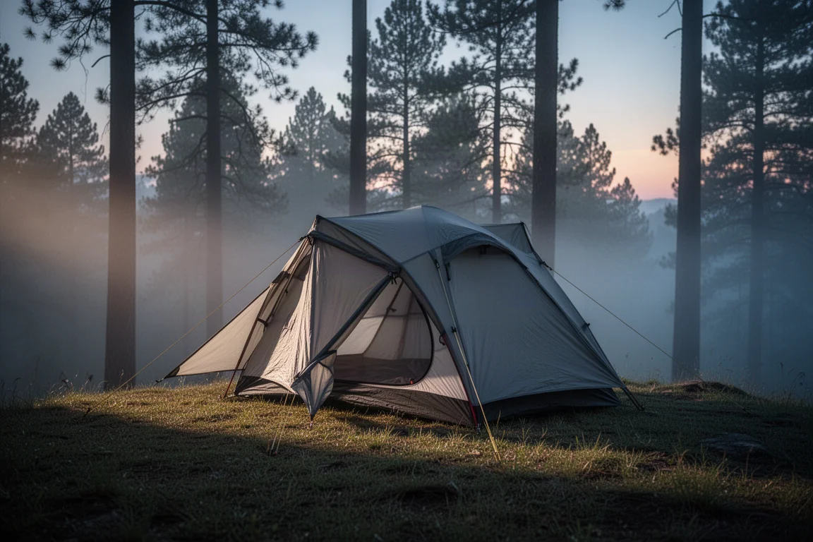 Piccola tenda da backpacking montata in una radura stretta tra rocce muschiose e felci
