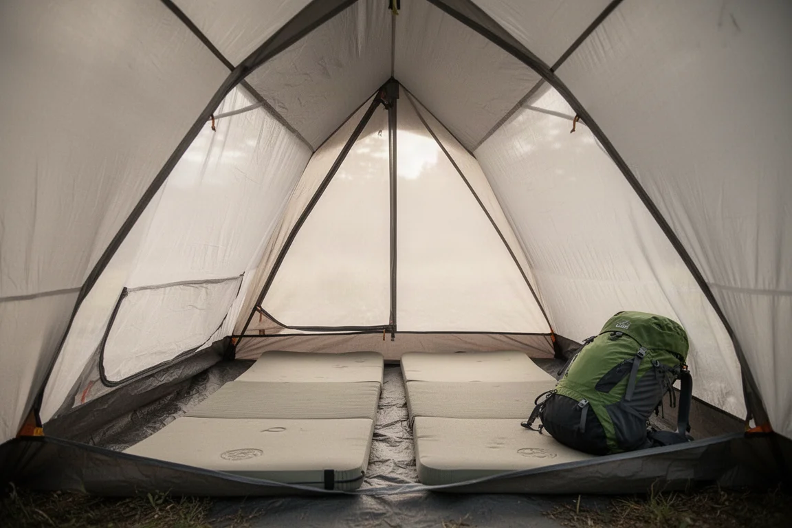 Tenda da backpacking riposta vista dall'alto con tessuto piegato, segmenti di paleria e sacca