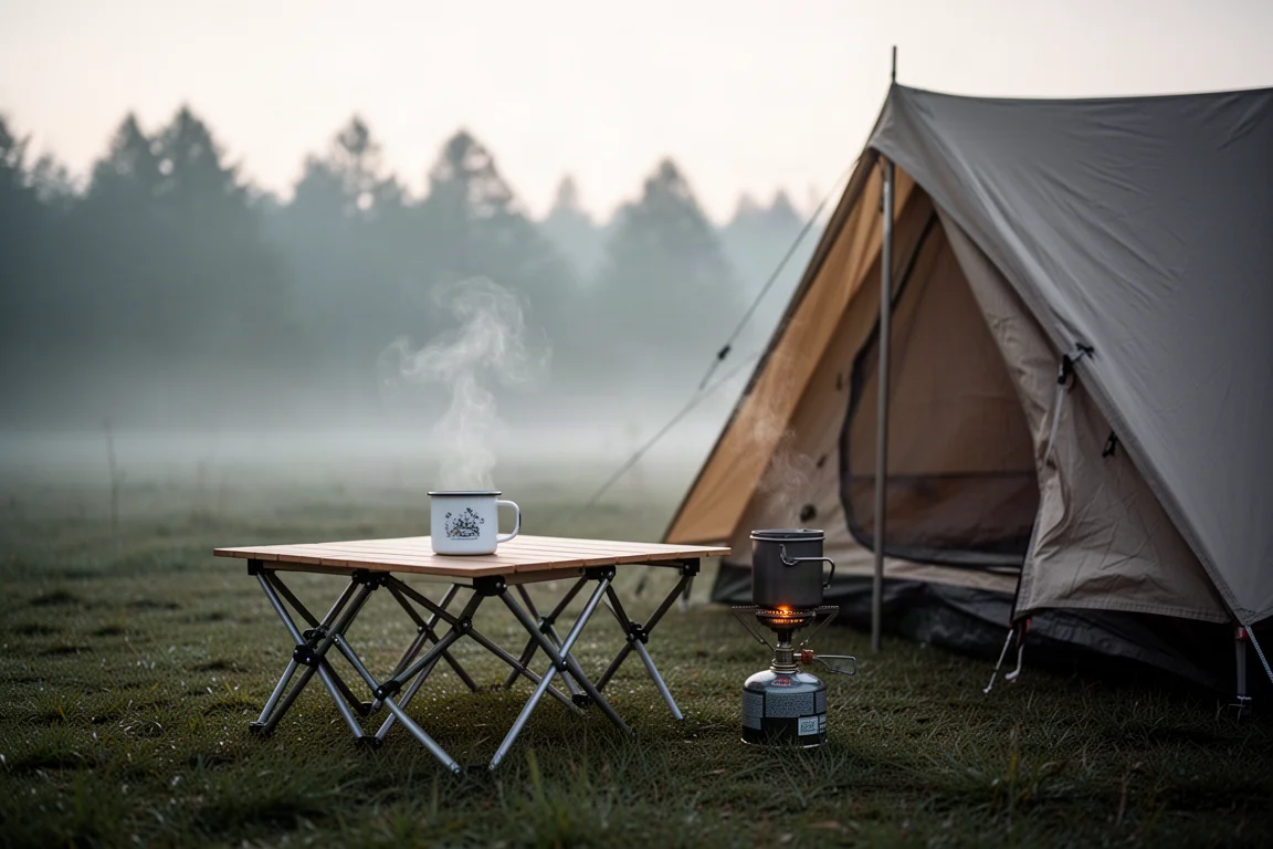 Rustige camping bij zonsopgang met een opvouwbare kampeerstoel naast een lage tafel met een mok erop