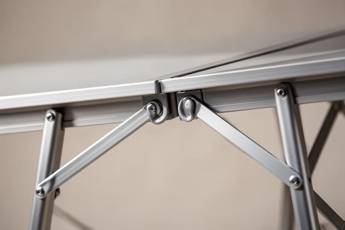 Close-up van een aluminium tafelpoot die vastklikt in een verzonken hoekbevestiging