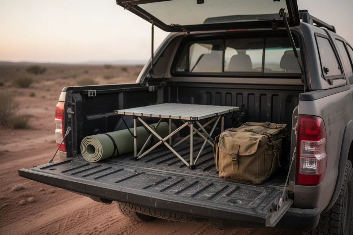 Open laadbak van een pick-up in de schemering met een compacte opvouwbare tafel op grind