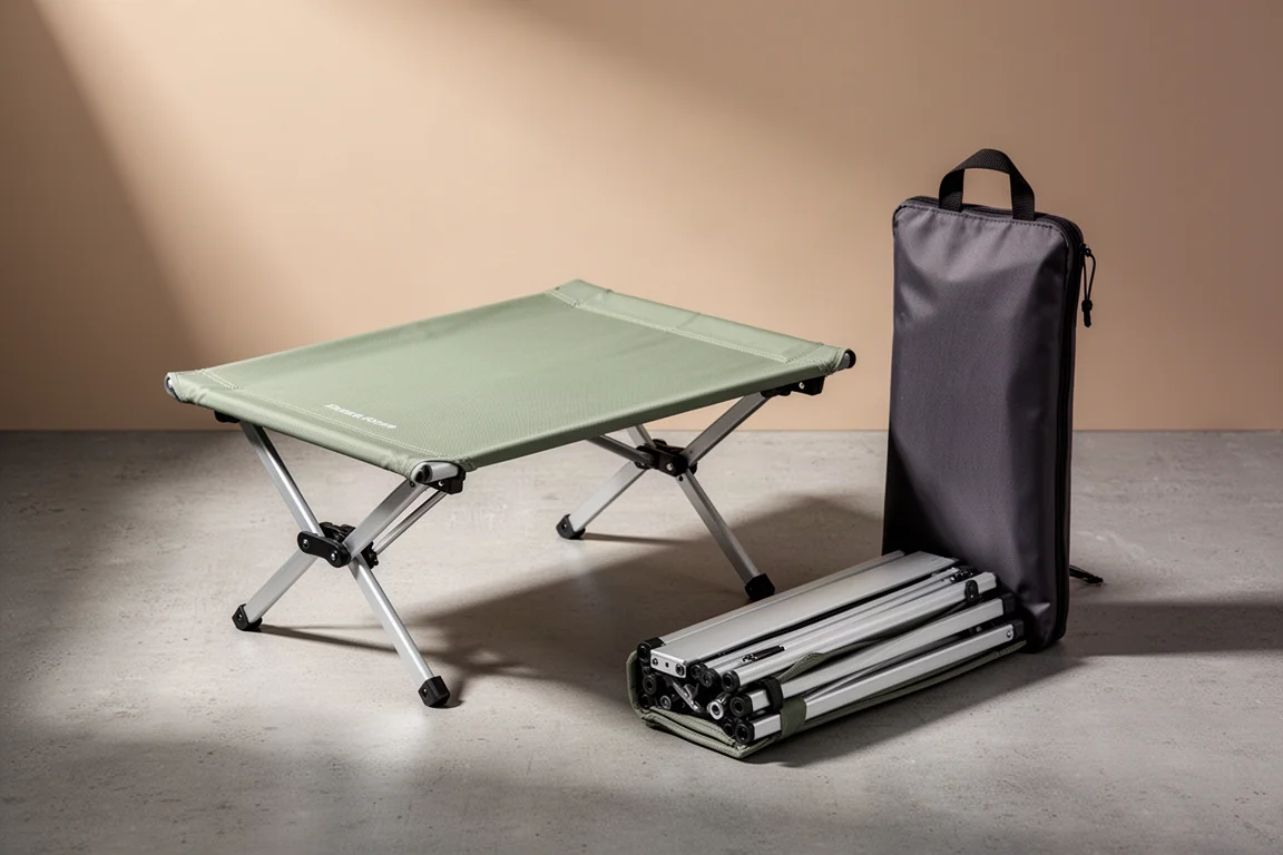 NEMO Moonlander folding camp table at low height beside its carry pouch on concrete