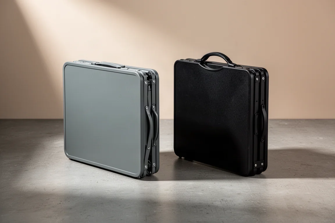 Two compact folding camping tables set up side by side on a concrete surface