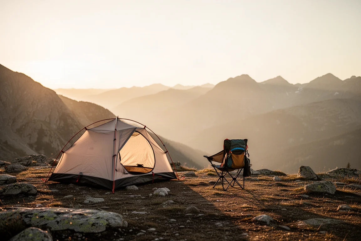 Ultralight tent and compact camp chair pitched on a rocky plateau at golden hour