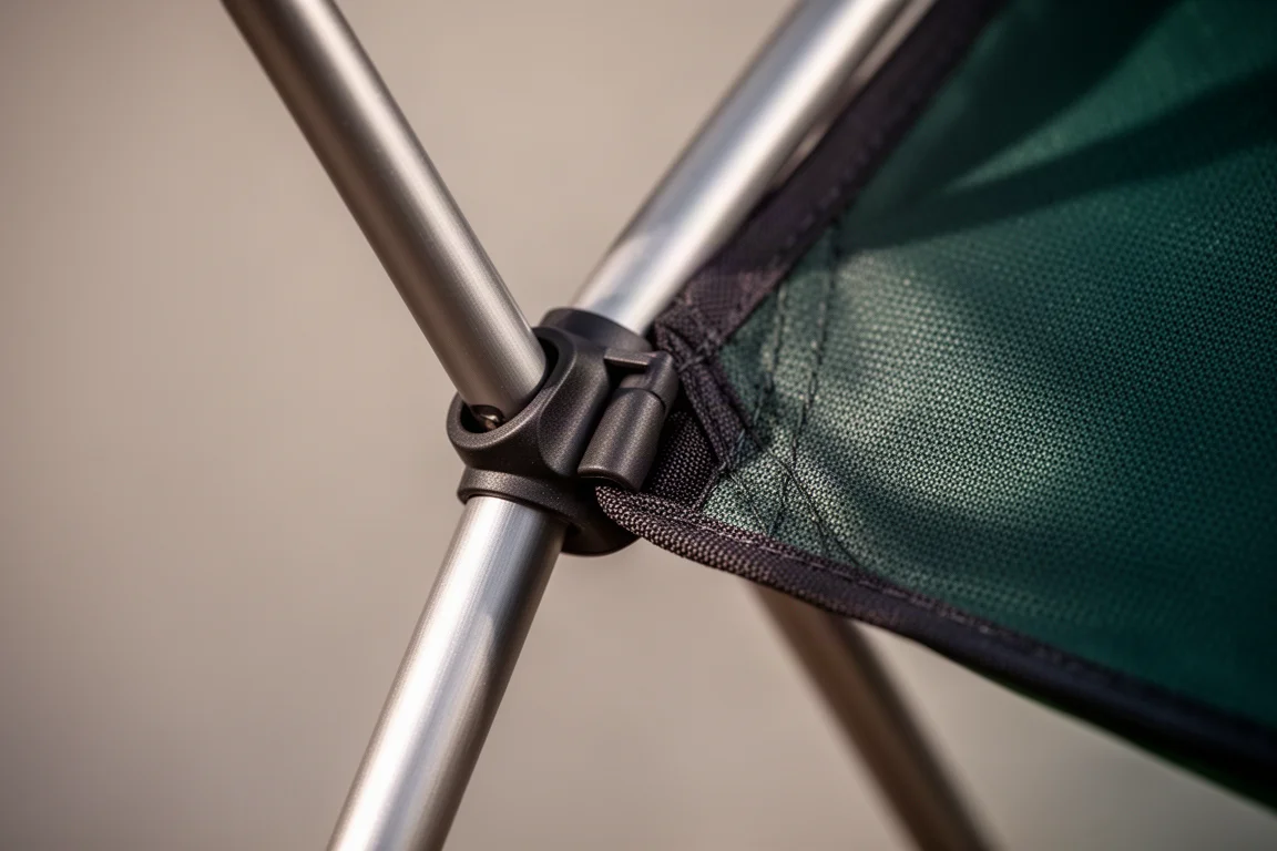 Macro detail of a camping chair frame joint with fabric corner secured by a small clip