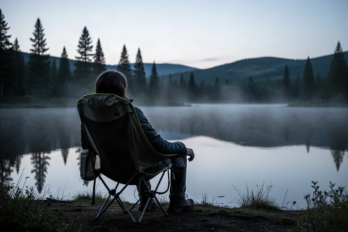 Camper seated in a low camp chair beside a still lake at dusk, seen from behind