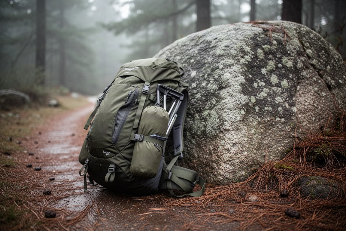 Hiking backpack leaning on a granite boulder with a packed camp chair strapped to it
