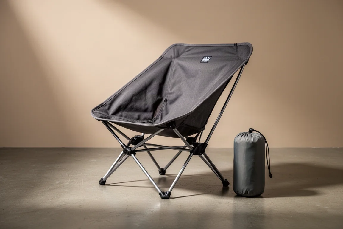 Ultraleichter Trekkingstuhl mit Packsack auf einer Betonfläche