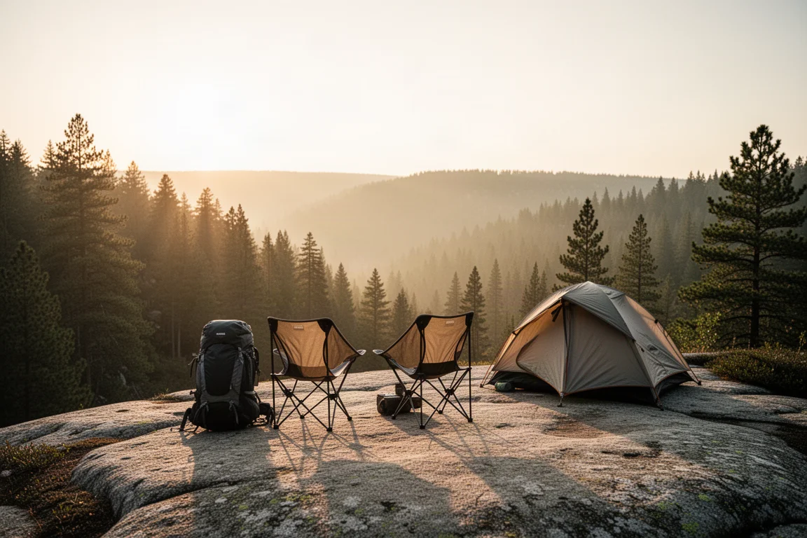 Ultraleichter Rucksackstuhl auf einer Granitplatte neben einem Zelt in der Dämmerung aufgebaut