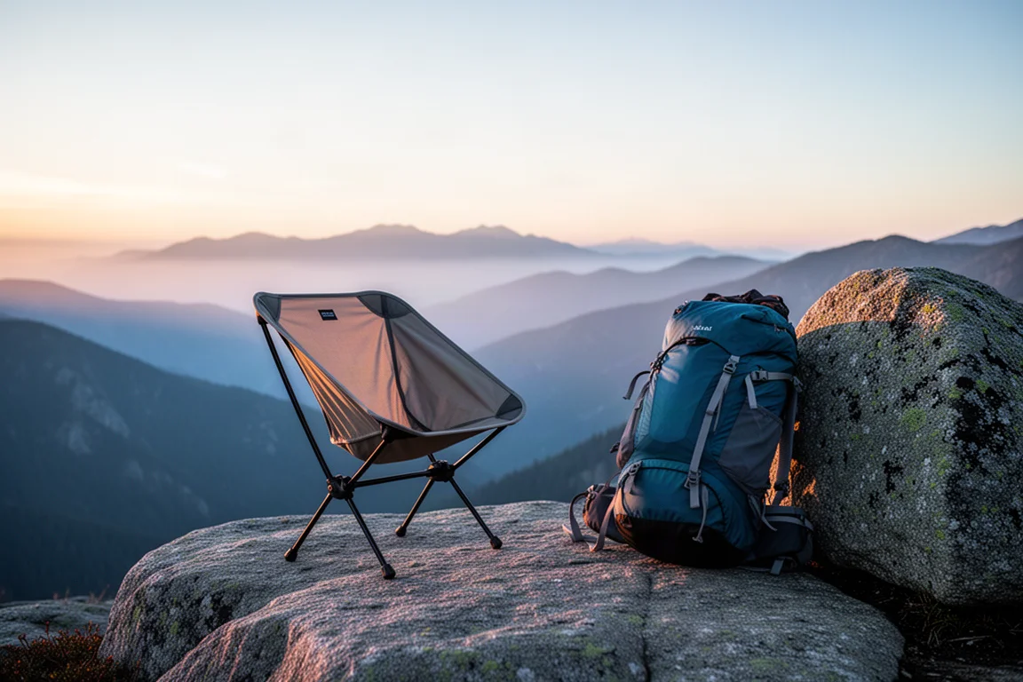 Flach ausgelegter Packsack, unter den Füßen eines Ultraleicht-Stuhls auf Sand eingehakt
