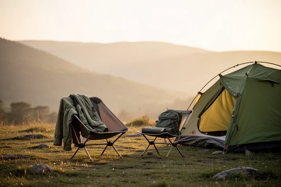Chaise de bivouac basse sur un camping herbeux à côté d'une petite tente à l'heure dorée