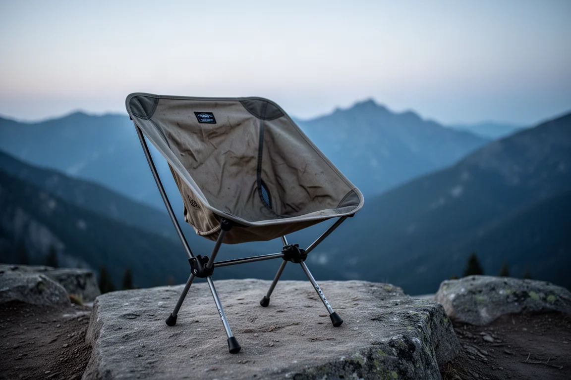Chaise de bivouac ultralégère bien usée sur une corniche rocheuse au crépuscule avec des montagnes en arrière-plan
