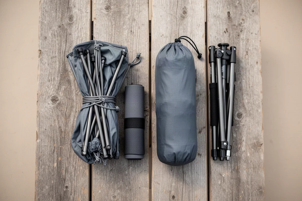 Vue à plat de deux chaises de bivouac ultralégères rangées avec un coussin de jambe enroulé