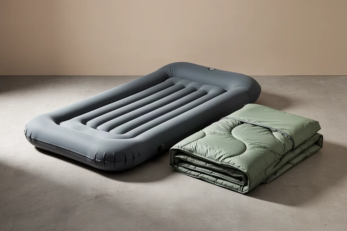 Sculpted sleeping pad with raised side walls beside a folded down quilt and fitted sheet