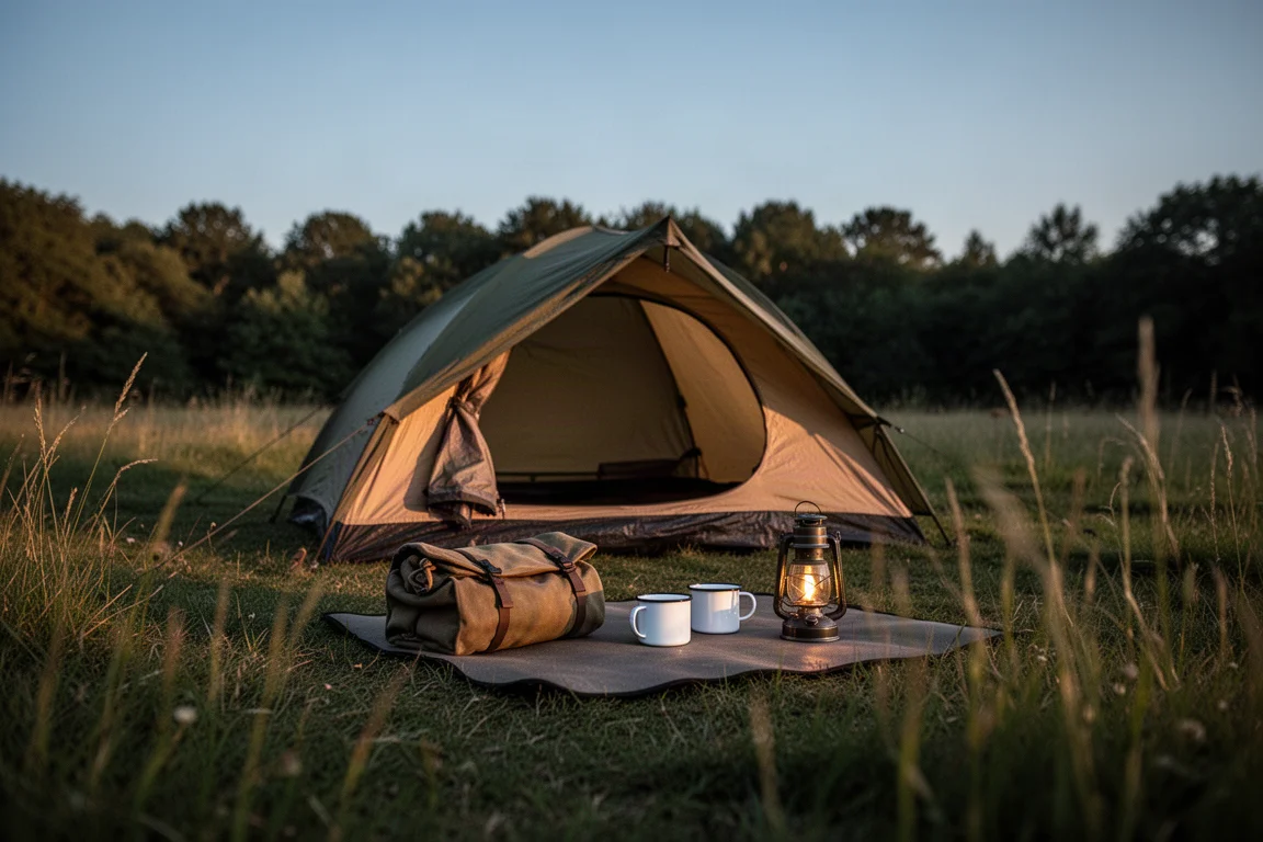 Miejsce car camping o zmierzchu z rozbitym namiotem, kubkami i torbą na sprzęt na trawie