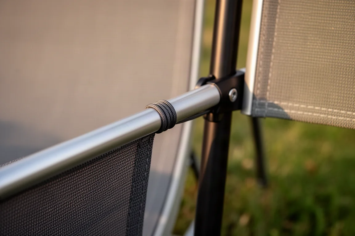 Zbliżenie napiętego sznurka bocznego i aluminiowej podpory na ramie fotela outdoorowego