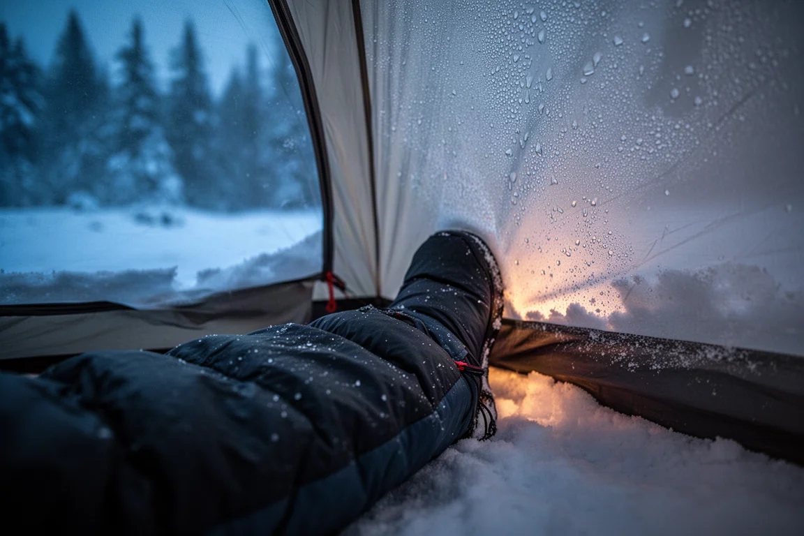 Piedino di un sacco a pelo appoggiato alla parete di una tenda coperta di brina di notte