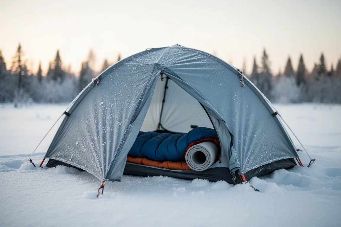 Tenda da backpacking montata sulla neve fresca all'alba con l'attrezzatura da notte all'interno