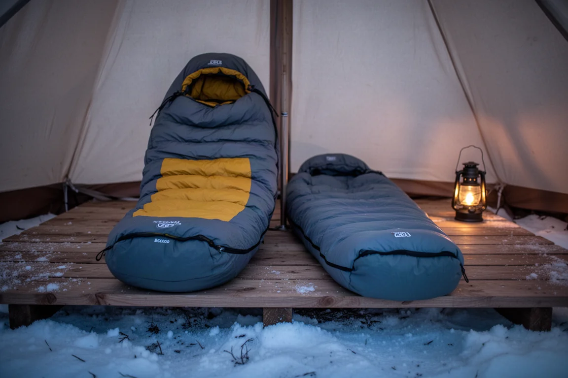 Two winter sleeping bags unrolled side by side on a snowy tent platform at dusk