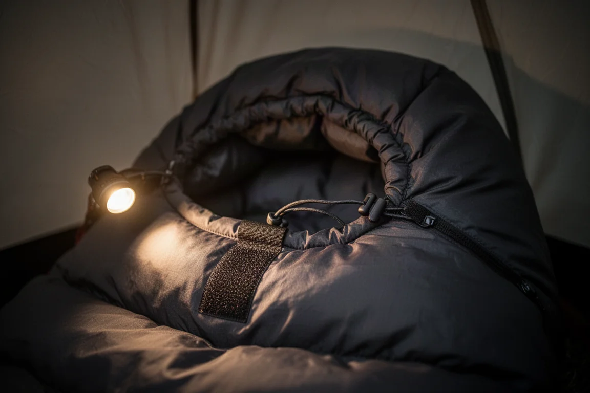 Close-up of a synthetic sleeping bag hood and drawstring cord at night in a tent