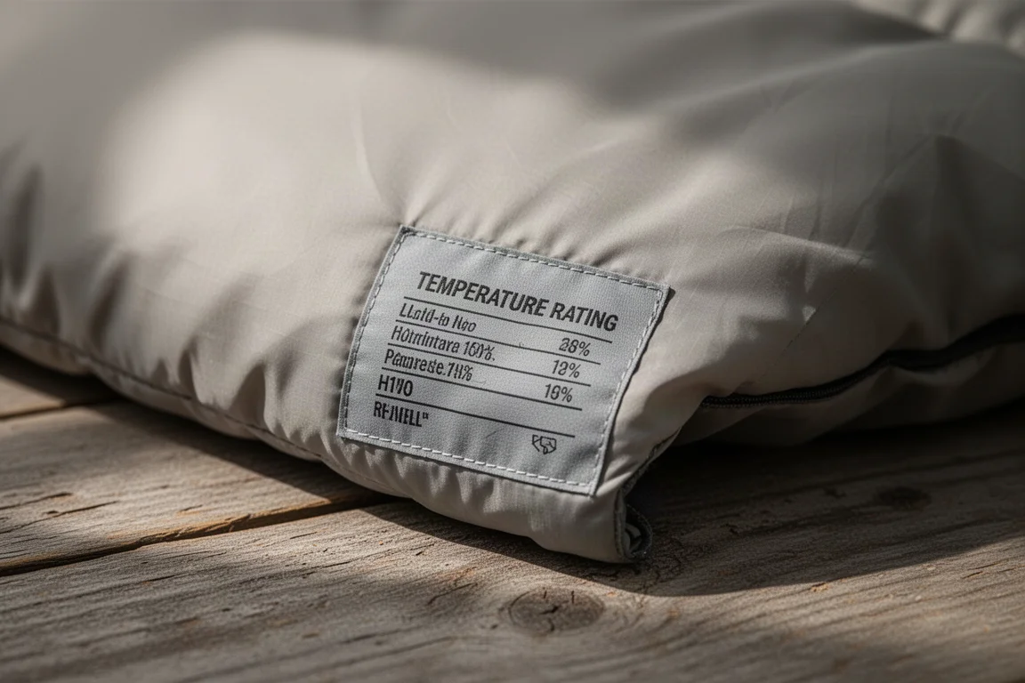 Printed temperature rating label stitched to a sleeping bag shell fabric