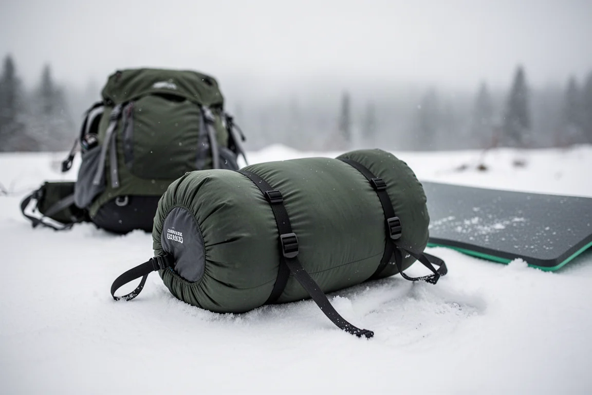 Backpacker packing a sleeping bag into a compression sack on a snowy campsite