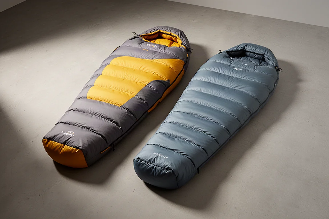 Two winter mummy sleeping bags side by side on a concrete surface, one lofty down bag and one slimmer synthetic bag