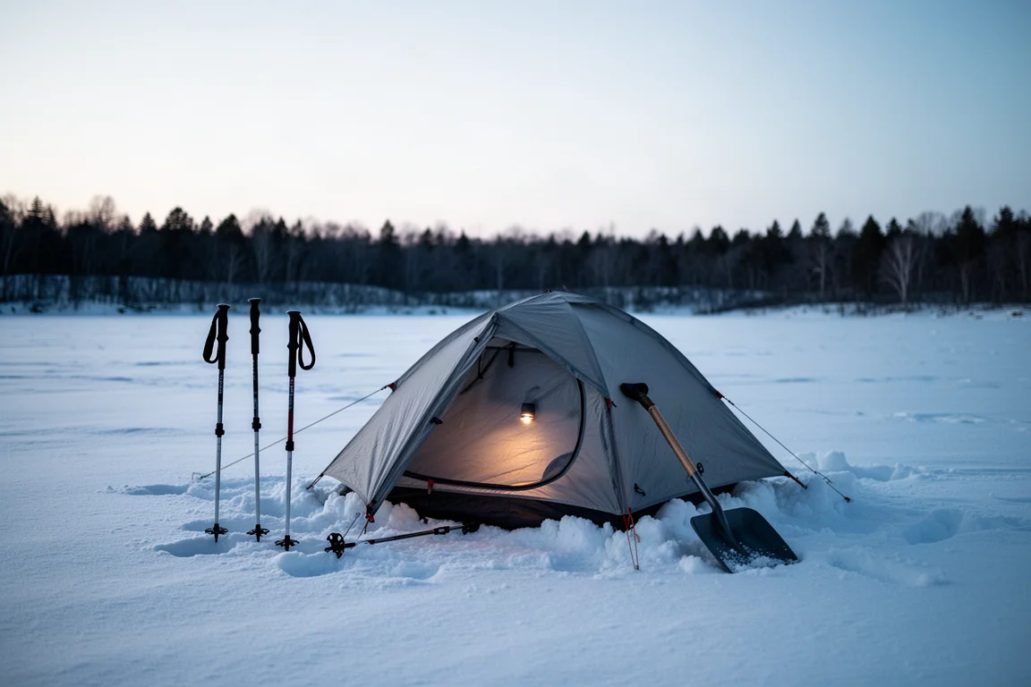 Wintertent op sneeuw tijdens blauwe uur met trekkingpoles in de buurt