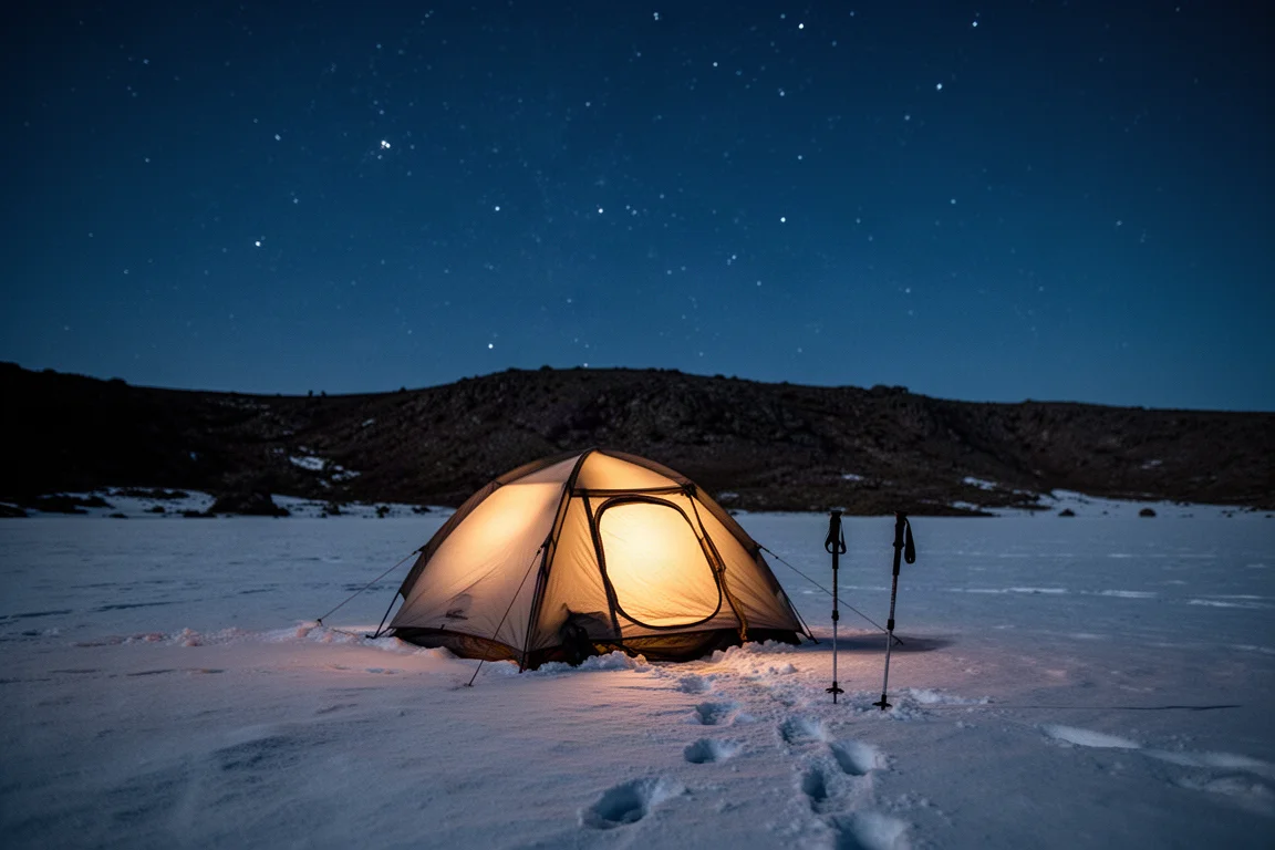 Tent die 's nachts op een sneeuwveld oplicht onder een sterrenhemel