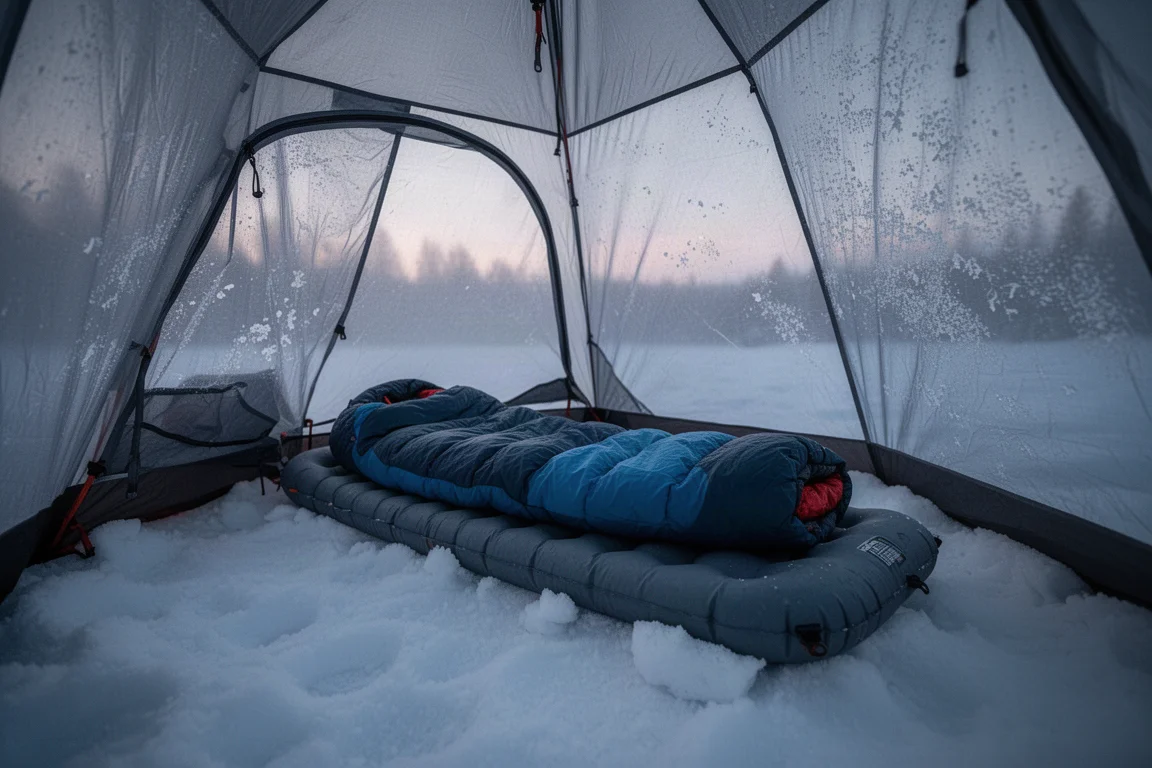 Aufblasbare Schlafmatte und Schlafsack auf festgefahrenem Schnee zur blauen Stunde