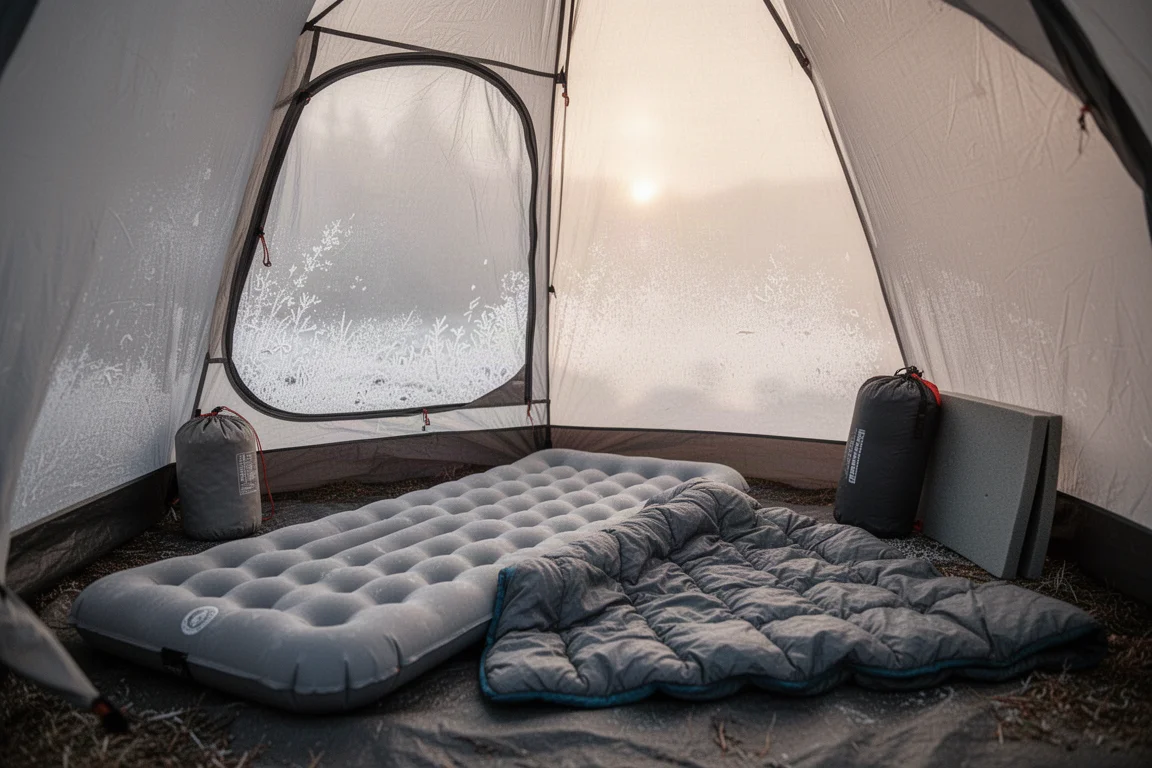 Aufgeblasene Schlafmatte und Quilt bei erstem Licht in einem frostigen Zelt ausgelegt