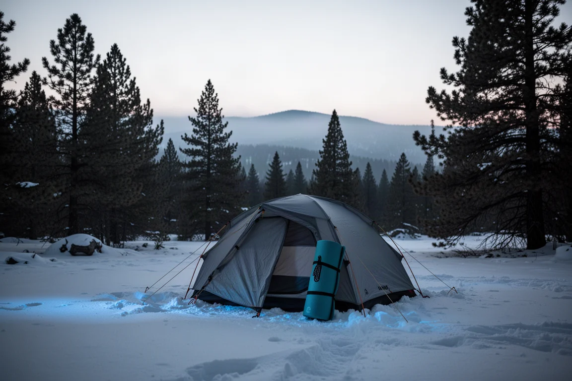 Wintercampingplatz in der Dämmerung mit einem Zelt auf Schnee zwischen dunklen Kiefern