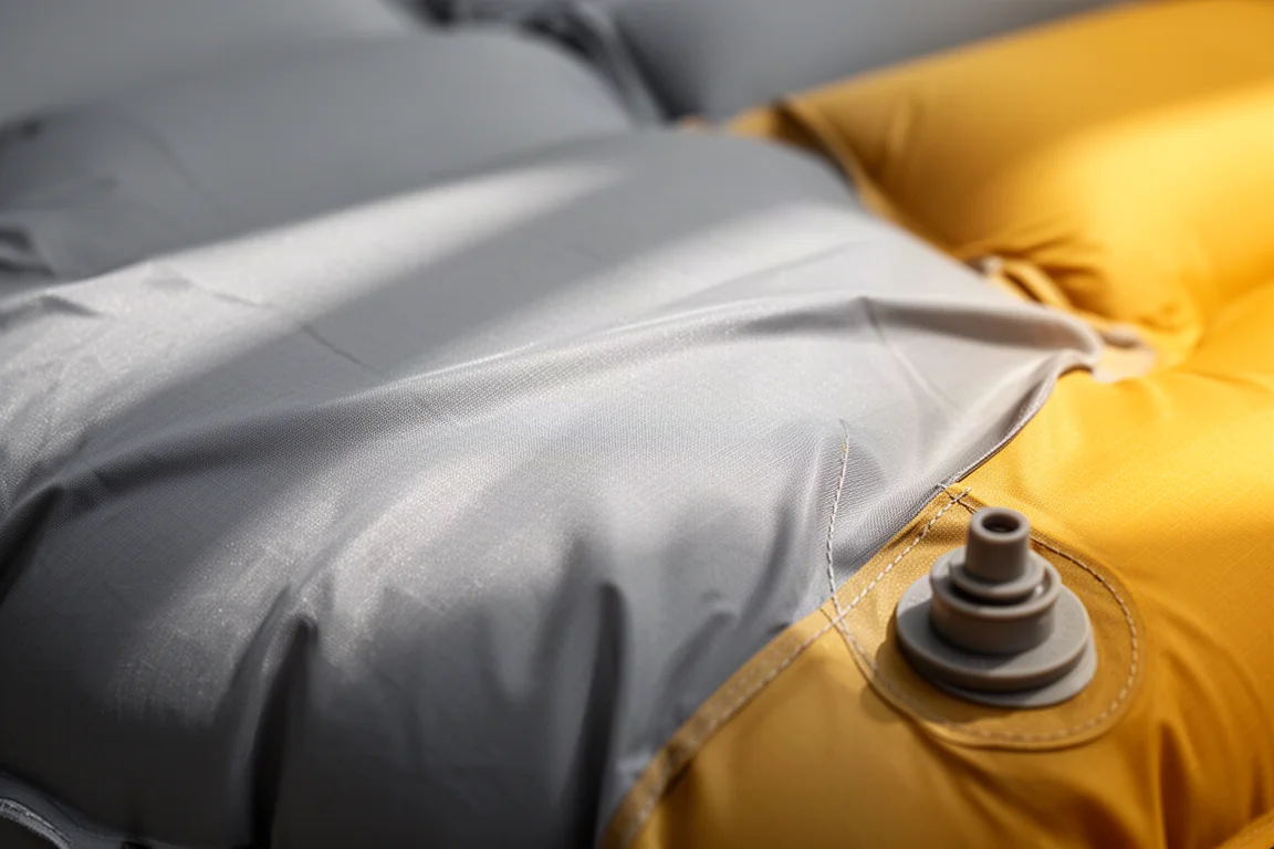 Makro-Detail des Gewebes einer Schlafmatte mit sichtbarem Ventil an einer Ecke