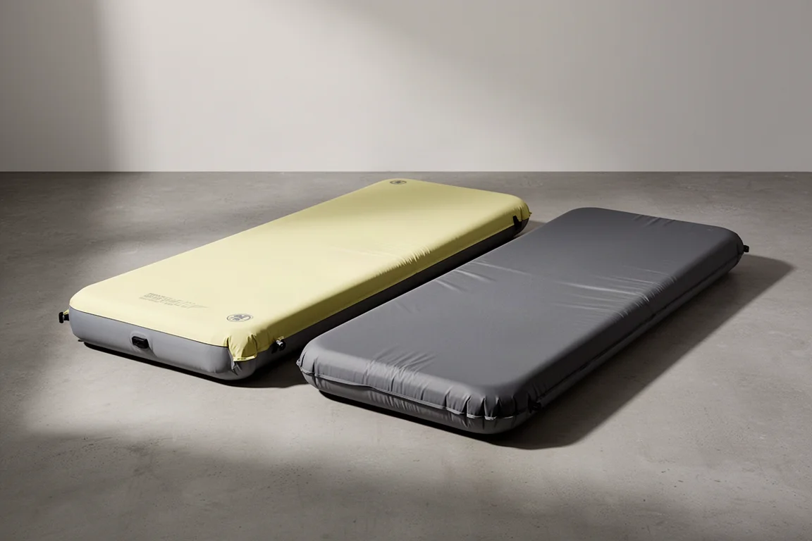 Two insulated sleeping pads side by side on a matte concrete surface
