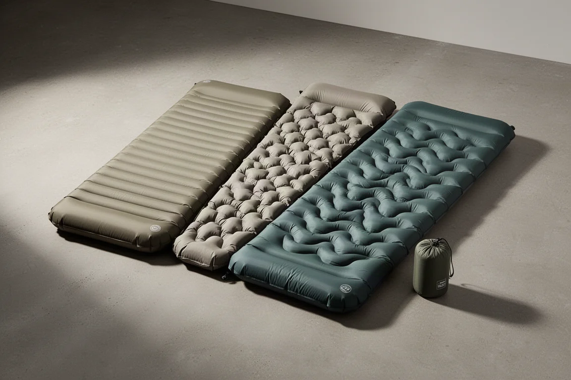Three inflatable backpacking sleeping pads in different colours laid out on a concrete surface