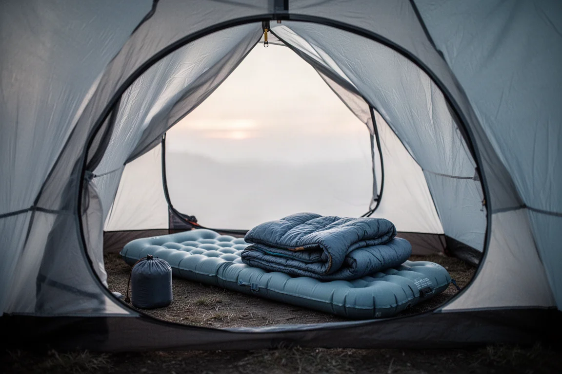 Tent interior at dawn with an inflatable sleeping pad and folded quilt
