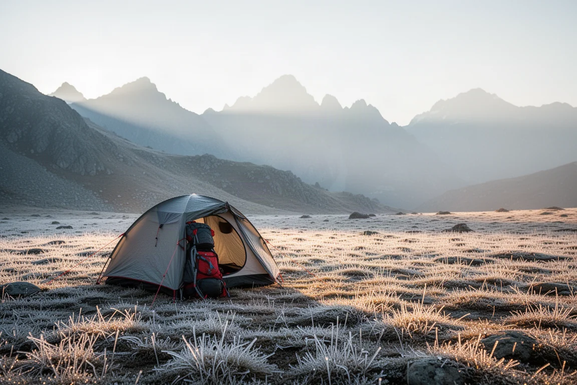 Frosted alpine campsite at sunrise with a small backpacking tent