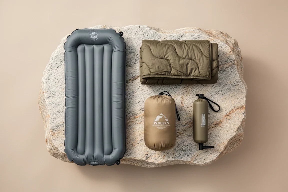 Overhead flat lay of backpacking sleep gear on a granite slab