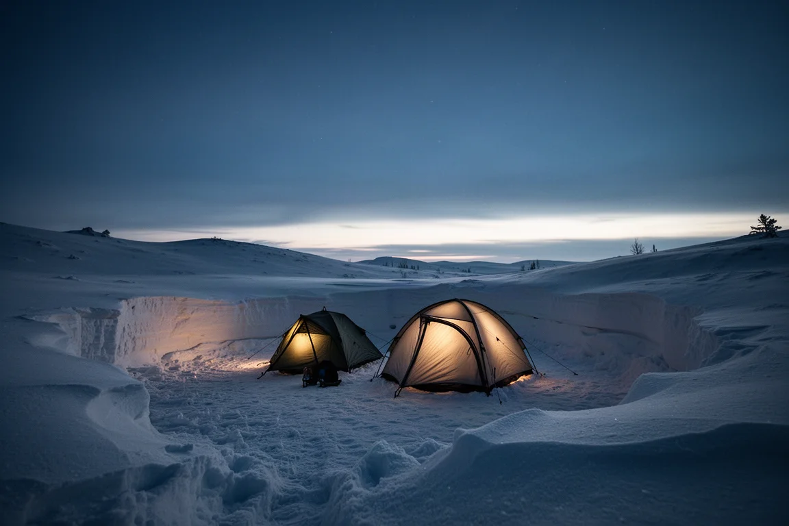 Snowy alpine campsite at dusk with a softly lit tent